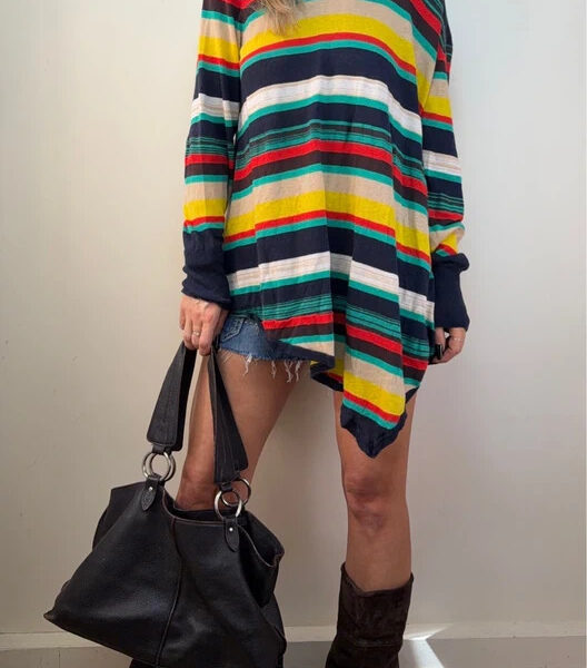 Wallis Linen Cotton Green Rainbow Stripe Oversized Asymmetrical Top XL UK18-20 lightweight jumper