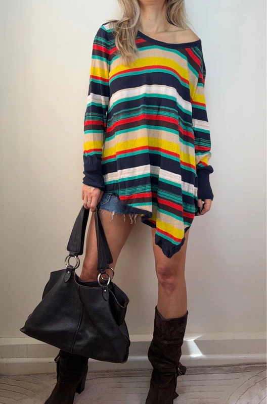 p1-1091.jpg Wallis Linen Cotton Green Rainbow Stripe Oversized Asymmetrical Top XL