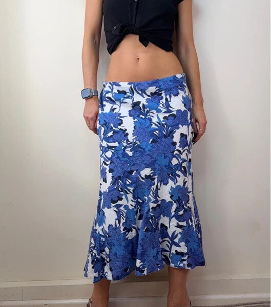 CC Vintage Blue White Floral 100% Linen Maxi Flare Skirt UK14 W32 Cottagecore Soft girl