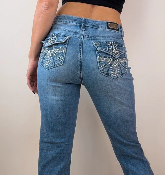 Earl Jeans Low rise 8.5” Embellished Rhinestone Bootcut Jeans UK 10 W28 L31 Stitch Flap Pocket