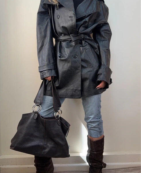 New York & Company Mens Leather Glossy Black Belted Midi Trench Coat XL UK 16–18