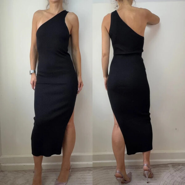Mango womens Black One Shoulder Ribbed fitted Maxi Dress UK 8-10/S bodycon