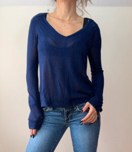 M&S womens Navy Open Knit Crochet V-Neck Long sleeve Top