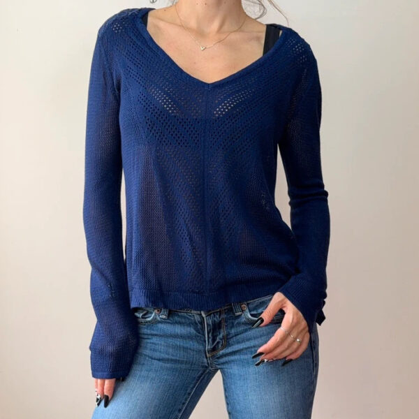 M&S womens Navy Open Knit Crochet V-Neck Long sleeve Top UK12 jumper semi sheer
