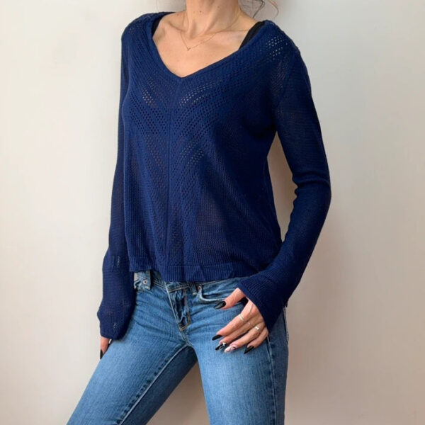 M&S womens Navy Open Knit Crochet V-Neck Long sleeve Top UK12 jumper semi sheer
