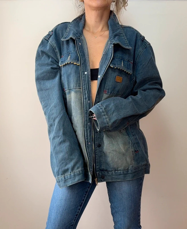 p1-1463.jpg Vintage 2000s Mens XL Denim Utility Trucker Jacket Workwear Oversized Zip biker - Image 1