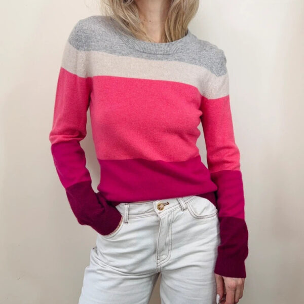 John Lewis Womens Pure 100% Cashmere Colour Block Fitted Jumper UK10/S Pink Grey