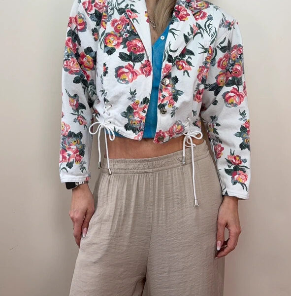 Cote a Cote Womens Y2K Floral Corset Lace-Up Cropped Denim Blazer Jacket UK 8-10