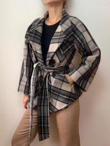Zara Women's Wool Plaid Belted Jacket Brown Tartan Coat