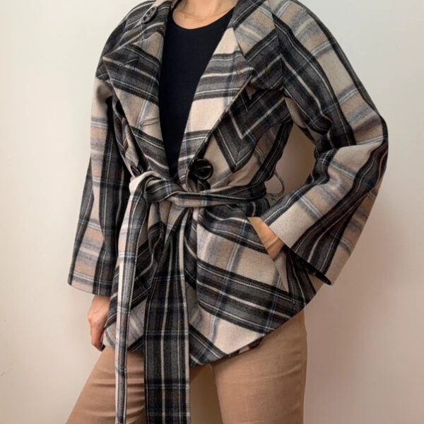 Zara Womens Wool Plaid Belted Jacket Brown Tartan Coat UK14-16 L Check Wrap