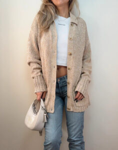 Vintage St Michael Silk Cotton Beige Chunky Knit Button Cardigan Jacket