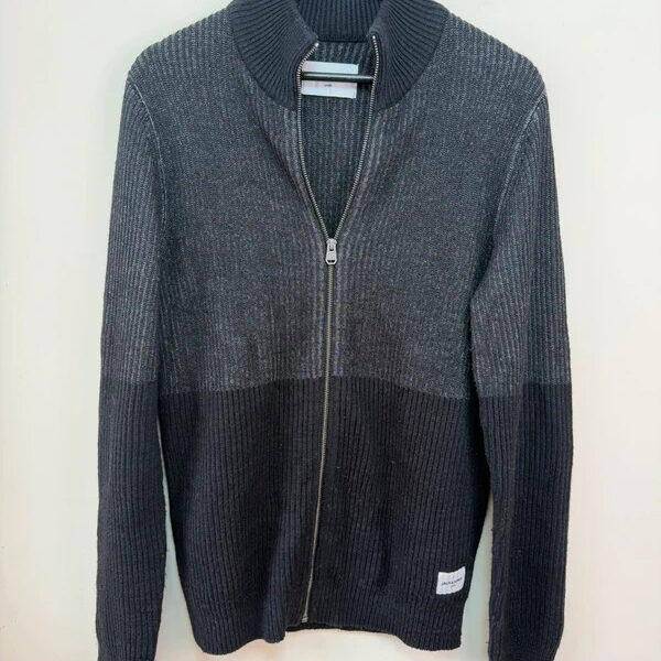 Jack & Jones Mens Black Ribbed Zip Chunky Cardigan High Neck Jumper M Casual