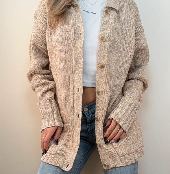 Vintage St Michael Silk Cotton Beige Chunky Knit Button Cardigan Jacket UK 10