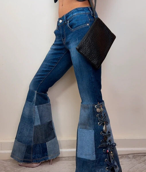 Galliano Women Custom Patchwork Flare Charm Lace-up Low Rise 7.5” Jeans W28/UK10