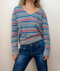 John Lewis Women's pure 100% cashmere striped V-neck fitted grey jumper