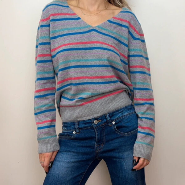 John Lewis Womens pure 100% cashmere striped V-neck fitted grey jumper UK16/L