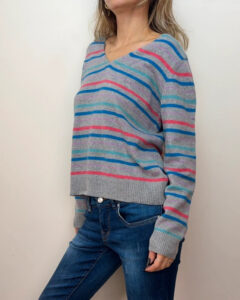John Lewis Women's pure 100% cashmere striped V-neck fitted grey jumper — photo 2 of 9
