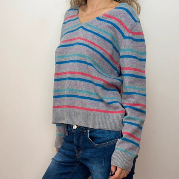 John Lewis Womens pure 100% cashmere striped V-neck fitted grey jumper UK16/L