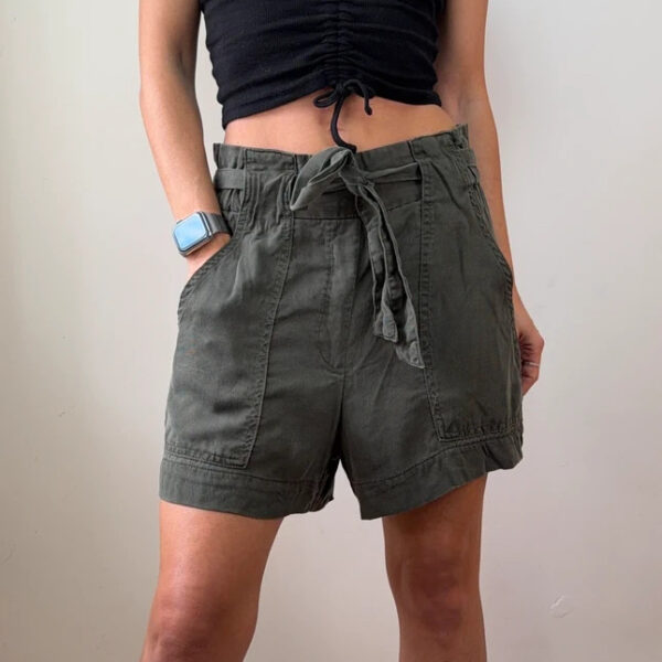 H&M Womens Khaki Paperbag Tie Waist Utility Wide Leg Cargo Shorts UK10/S W31