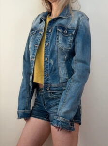 Vanilla Distressed Fitted Denim Button Jacket Y2K Faded Blue Stretch UK 8-10 Trucker