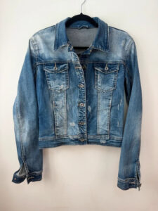 Vanilla Distressed Fitted Denim Button Jacket Y2K Faded Blue Stretch UK 8-10 Trucker - Image 3