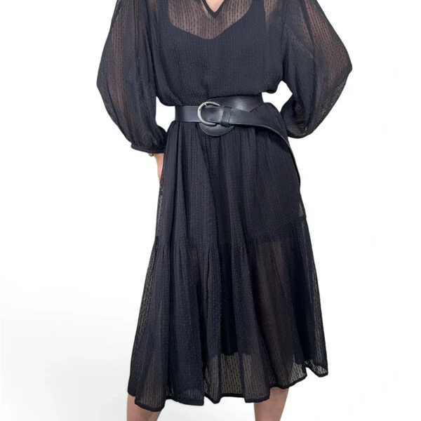 Part Two Womens Black Sheer Dobby Maxi Dress UK14-16/L Ruffle Flare Overdress