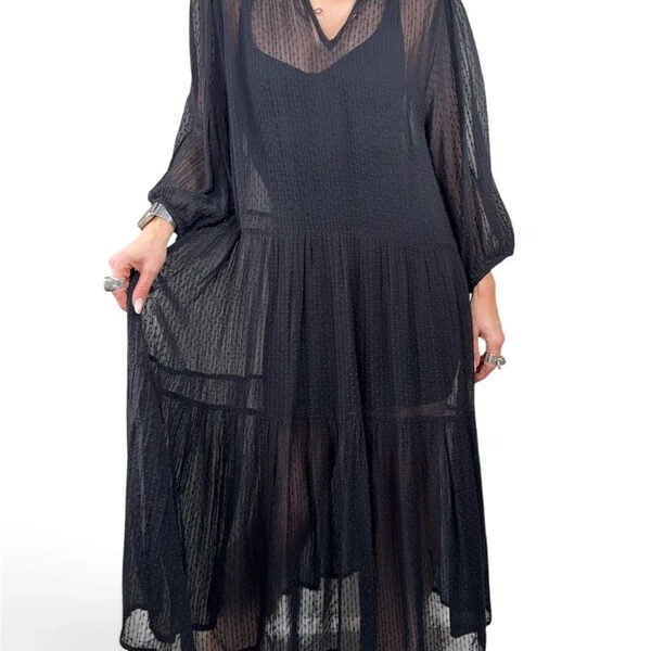 Part Two Womens Black Sheer Dobby Maxi Dress UK14-16/L Ruffle Flare Overdress