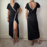Cotton Wrap Maxi v-neck Dress Black Open Back Boho Festival UK8-10-12 adjustable