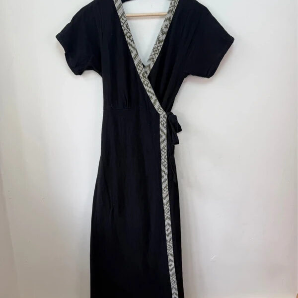 Cotton Wrap Maxi v-neck Dress Black Open Back Boho Festival UK8-10-12 adjustable