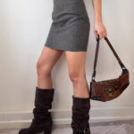 Vintage Kookai Pure 100% Wool Khaki Herringbone Mini Fitted Skirt UK 8 W26 Raw hem 90s