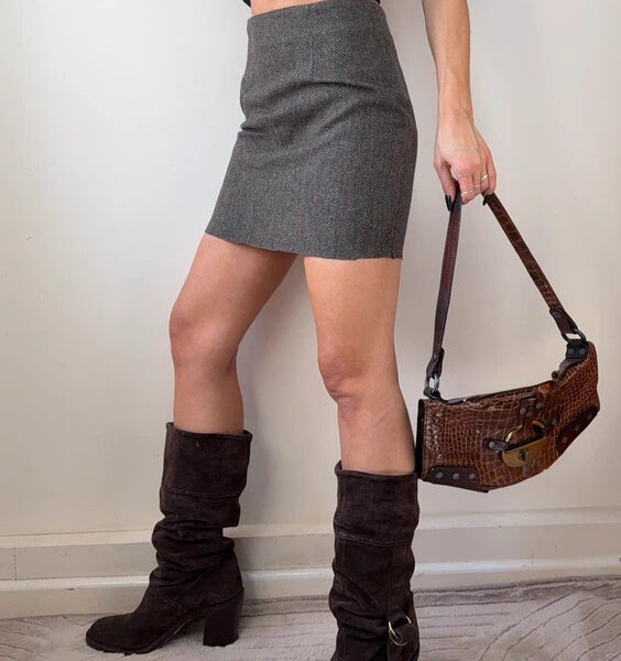 Vintage Kookai Pure 100% Wool Khaki Herringbone Mini Fitted Skirt UK 8 W26 Raw hem 90s