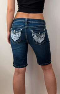 SUKO womens Embroidered Lace Pocket Denim jeans Shorts UK10-12 W30 Y2K Bermuda