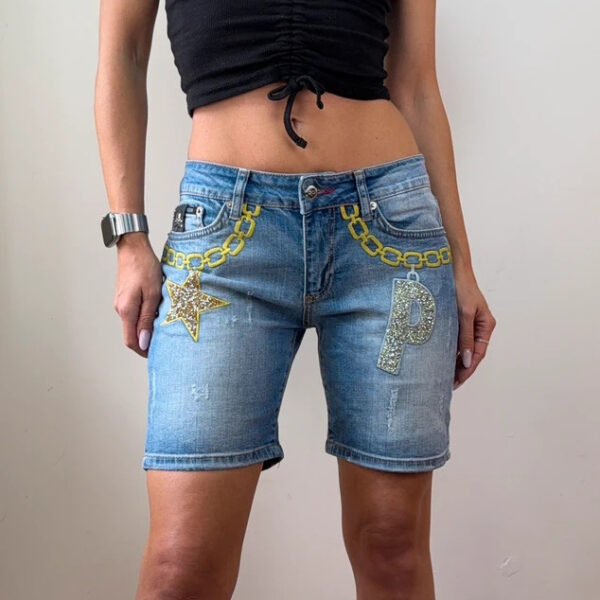 Philipp Plein womens fight club W27 uk8-10 embellished denim shorts jean crystal