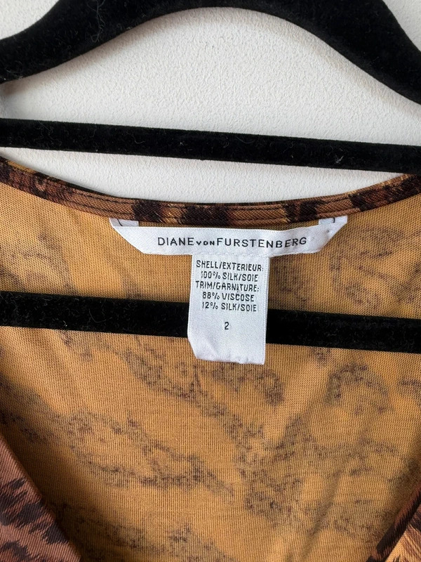 Diane von Furstenberg label: shell 100% silk, trim viscose and silk