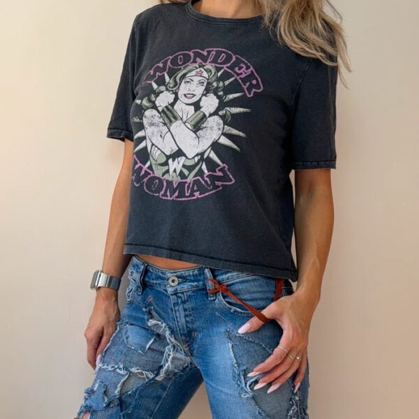 ONLY womens Wonder Woman Graphic Cropped T-Shirt Cotton Black UK 8 comic book
