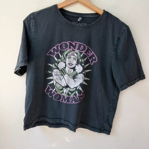 ONLY womens Wonder Woman Graphic Cropped T-Shirt Cotton Black UK 8 comic book