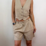 Womens Linen Waistcoat & Shorts Co-Ord Set Beige UK8-10 holiday safari outfit