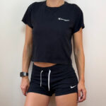 Champion womens Black Cropped T-Shirt UK 6-8 Cotton Logo Tee Casual Y2K casual