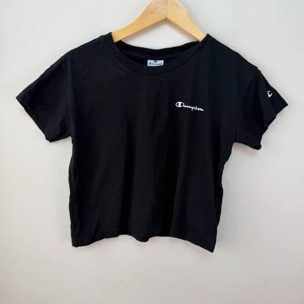 Champion womens Black Cropped T-Shirt UK 6-8 Cotton Logo Tee Casual Y2K casual