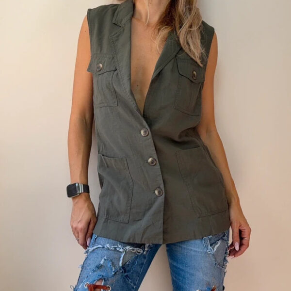H&M womens Khaki Utility Safari Waistcoat Vest Sleeveless Jacket XS-S UK 6-8-10