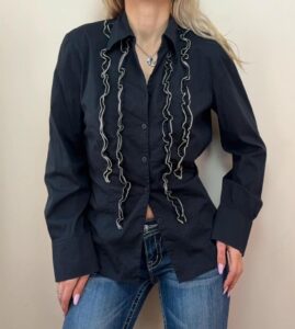 x Gerry Weber womens Ruffle Trim Fitted button Shirt Black Blouse UK14 top cami