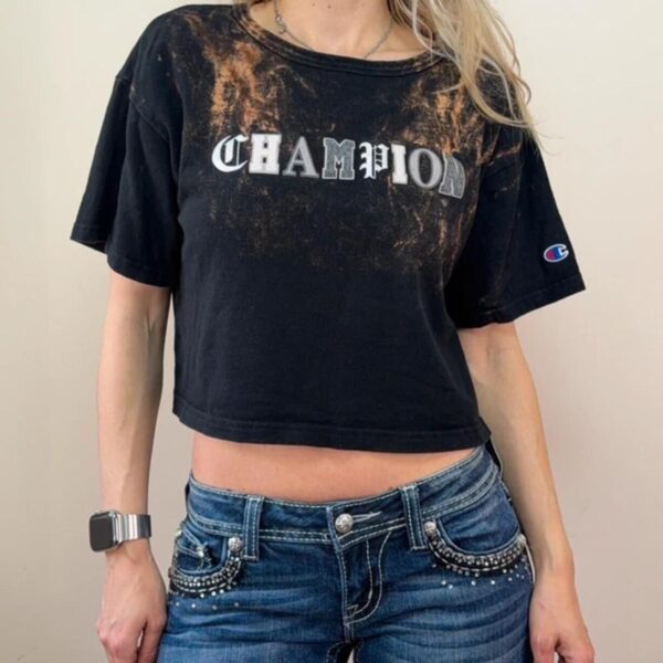 Champion womens Bleached Crop Tee Y2K Acid Wash T-Shirt Black S uk8-10 punk