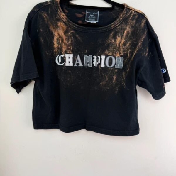 Champion womens Bleached Crop Tee Y2K Acid Wash T-Shirt Black S uk8-10 punk