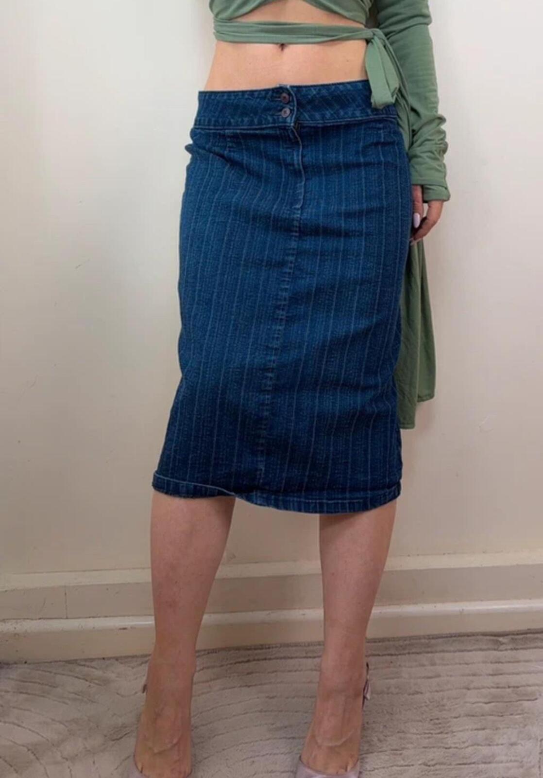 p1-2588.jpg FDJ French Dressing Y2K Denim Midi Pencil Skirt Low Rise Jean Uk12 W31 street - Image 1
