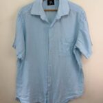 Sartoria Oro mens Blue 100% Linen Short Sleeve button Shirt 17/43 L-XL vintage