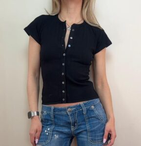 Vintage 90s Dolce&Gabbana womens Black Knit Pearl Button fitted Top IT40 uk6-8
