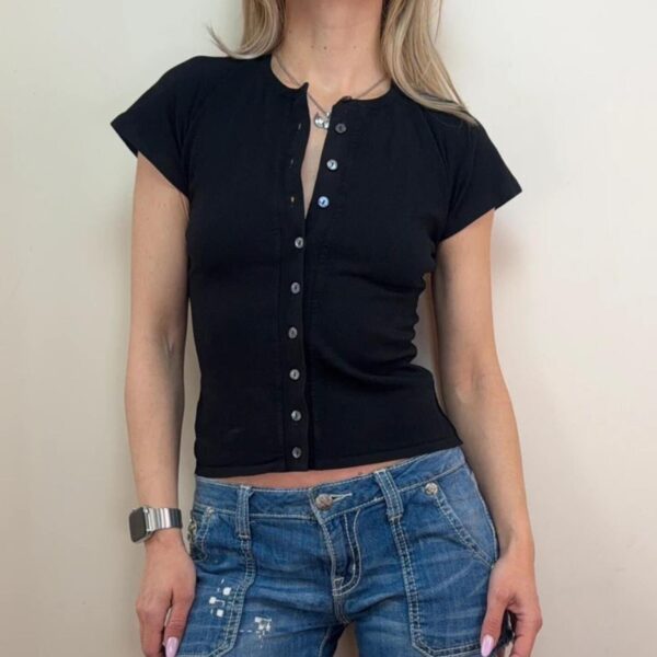 Vintage 90s Dolce&Gabbana womens Black Knit Pearl Button fitted Top IT40 uk6-8