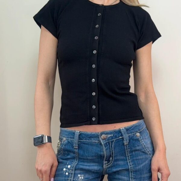 Vintage 90s Dolce&Gabbana womens Black Knit Pearl Button fitted Top IT40 uk6-8