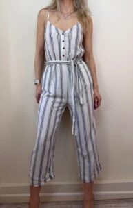H&M womens White navy Striped Linen Summer Jumpsuit Wide Leg Capri