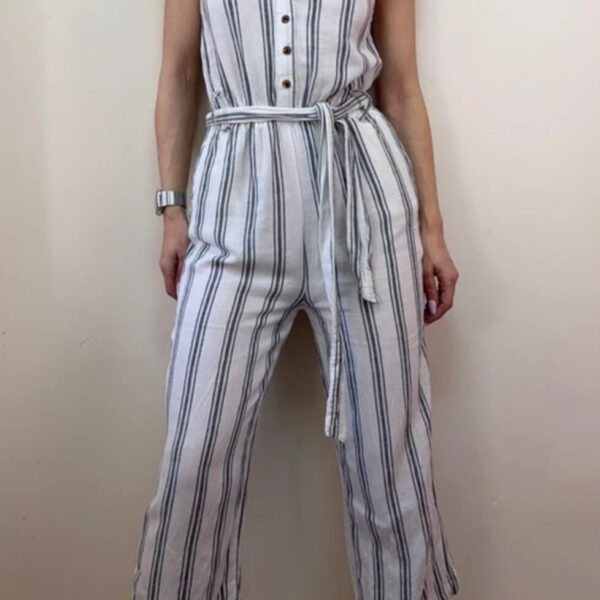 H&M womens White navy Striped Linen Summer Jumpsuit Wide Leg Capri UK6-8 beach